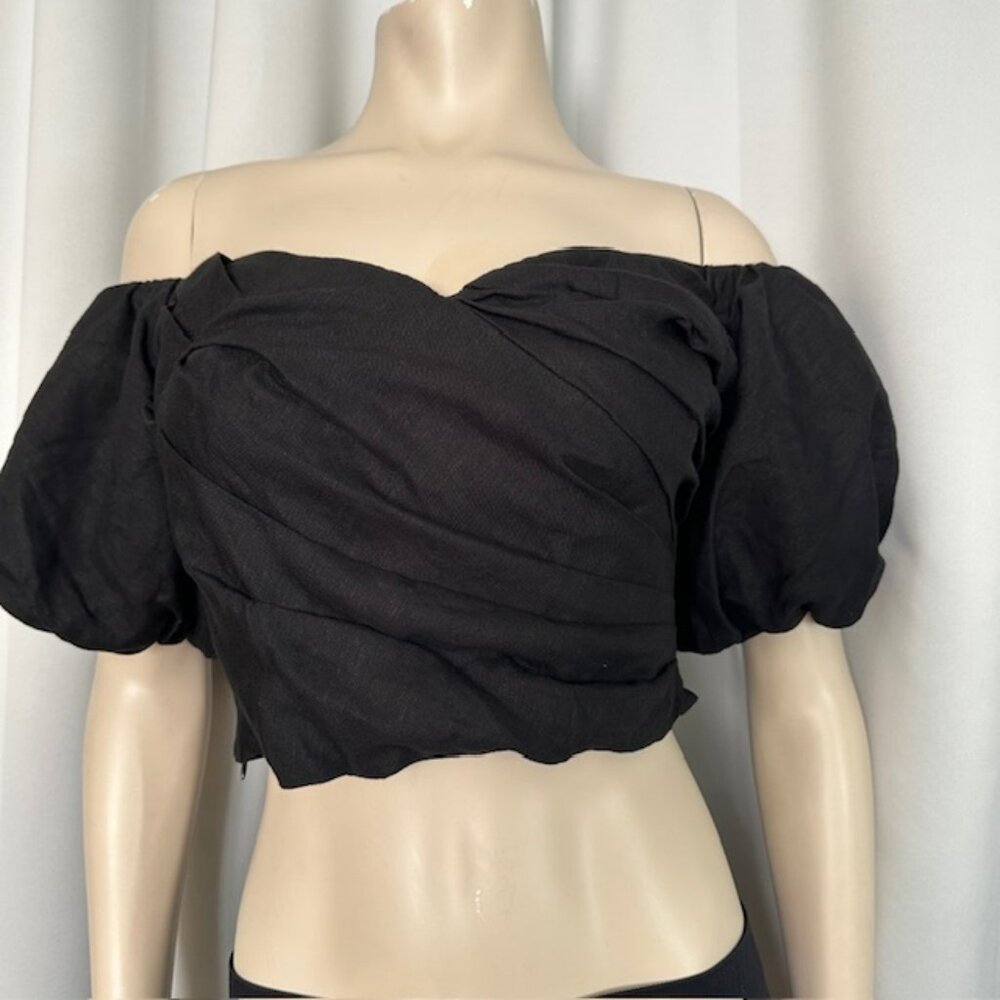 ASTR THE LABEL Laurana Off the Shoulder Linen & Cotton Crop Top Black Size L